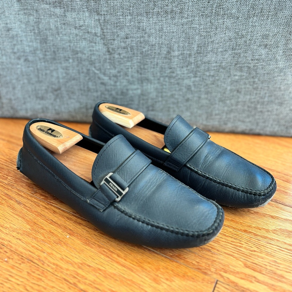Prada blue leather loafers